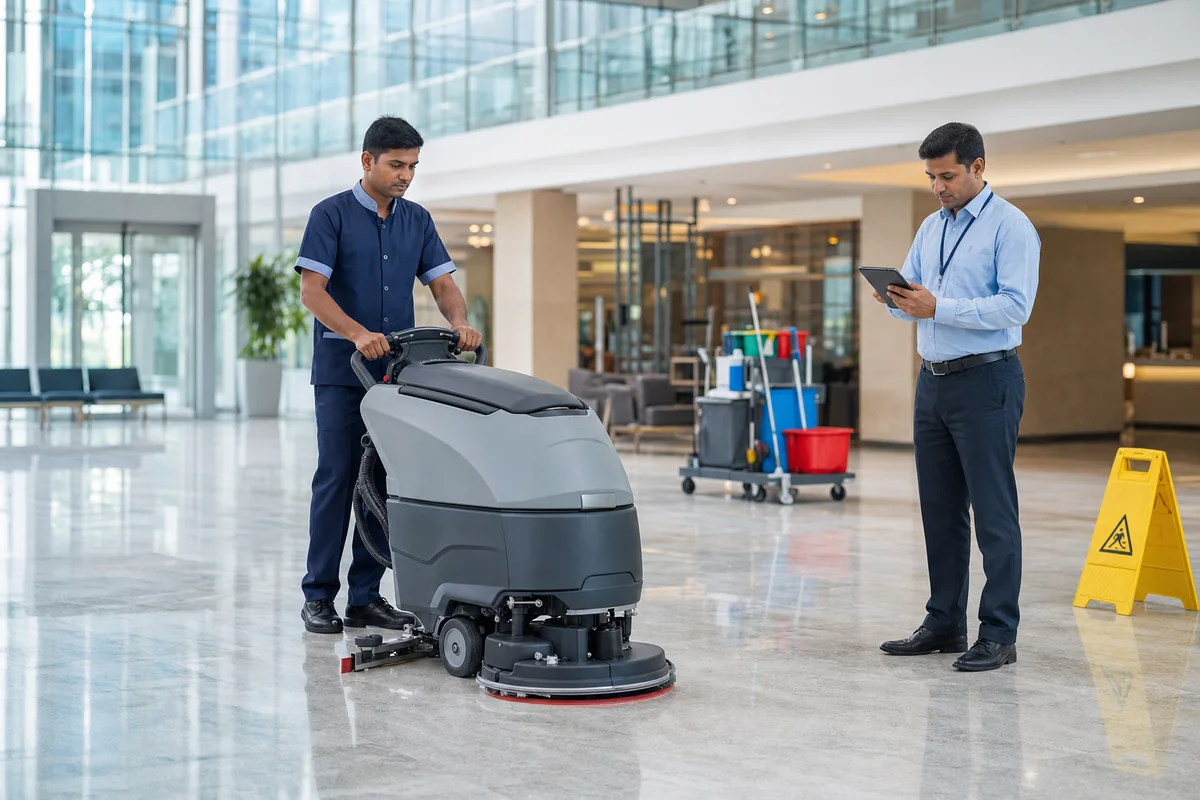 Trained operator using a mechanized floor scrubber under quality supervision